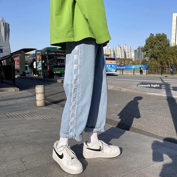 

patchwork jeans men's spring loose straight tube wide leg korean fashion streetwear pants brand casual men clothing, Blue