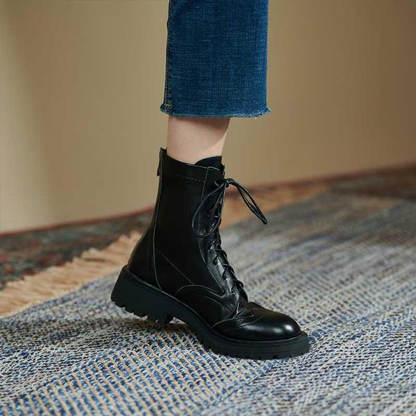 

boots mordoan genuine leather 2021 autumn women's round toe platform shoes chunky heel ankle for women, Black