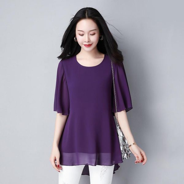 

basic chiffon summer shirts women oversized solid 10 color casual loose slim shirt o neck female plus size -8xl women's blouses, White