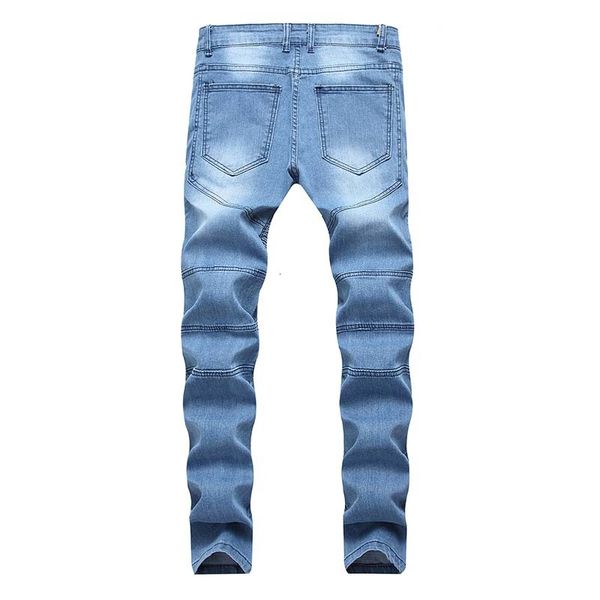 

men biker jeans denim knees holes draped panelled fashional pants washed zipper yilg, Blue