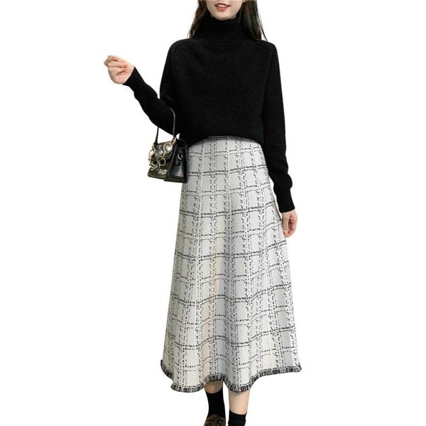 

fashion skirt luxury jacquard knitted women midi autumn winter thick warm a line high waist plaid skirts, Black