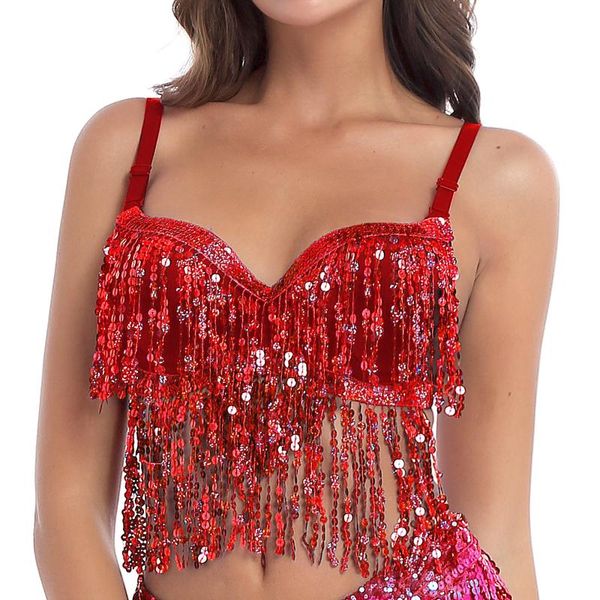 

bras women underwired padded bra nightclub stage performance dancewear sequins tassel latin jazz belly dance costume, Red;black