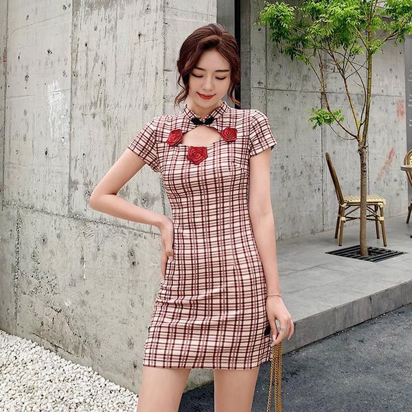 

fashion s-xl red grid slim party casual qipao traditional chinese clothes vintage modern shanghai cheongsam dress for women ethnic clot