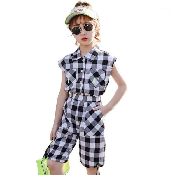 

summer kids girls clothing sets 2 pcs plaid sleeveless & pants set for 4 6 8 12 years children clothes teen costume, White