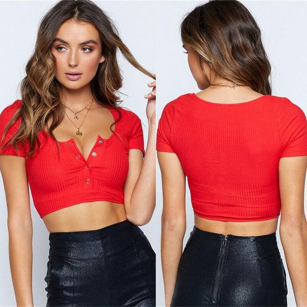 

women's t-shirt 2021 fashion women short sleeve crop button casual solid slim t shirts knit stretchy clubwear, White