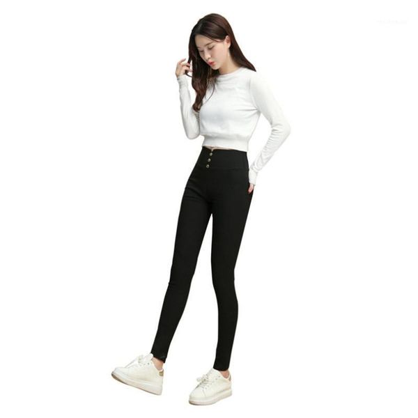

high waist women pencil pants button decoration autumn slim warm office work plus size ladies white black red trousers women's & capris, Black;white