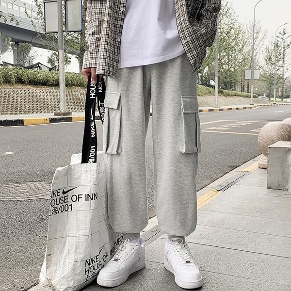 

men's pants autumn black/gray sweatpants fashion pocket casual men streetwear loose straight cargo mens overalls m-2xl