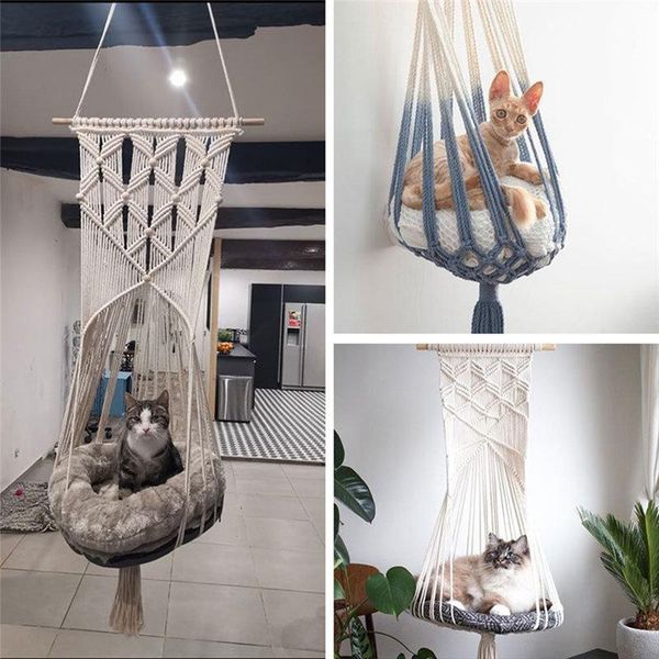 

kennels & pens hand-woven hanging basket cotton pet nest cat dog hammock thread toy swing bohemian wall macrame 5 sizes
