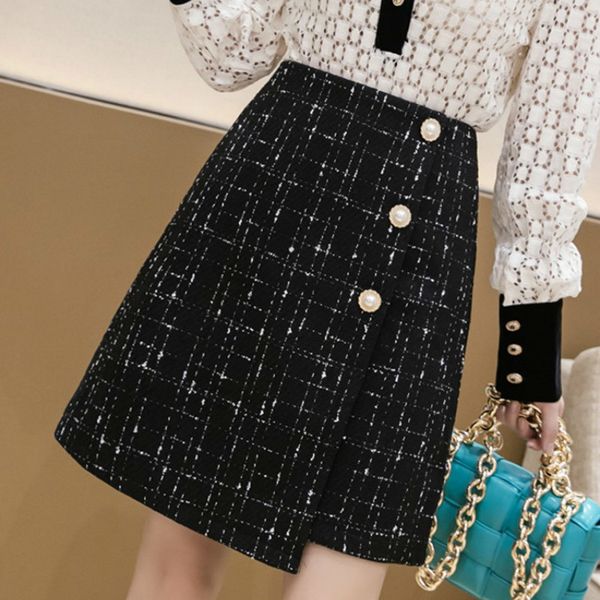 

skirt women's high waist plaid wool skirt, autumn and winter, 2021, Black