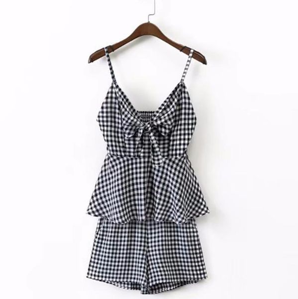 

women's suits & blazers roiii ladies camis vest + short pants set bow tie white black plaid v-neck casual beachwear tank attractive gi