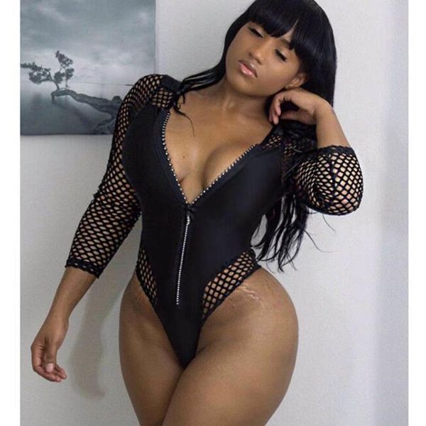 

one-piece suits sheer knit fish net mesh swimwear women one piece swimsuit long sleeve female bather high cut thong bathing suit swim