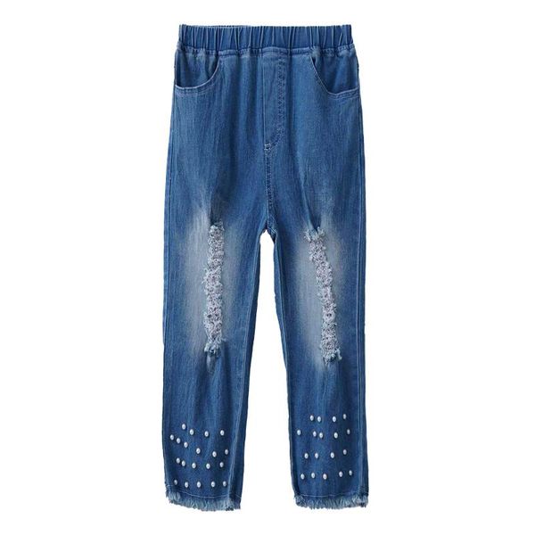 

jeans kids denim trousers for girl pearls ripped teenage spring autumn pants children fashion casual clothes 6 8 10 12 14, Blue