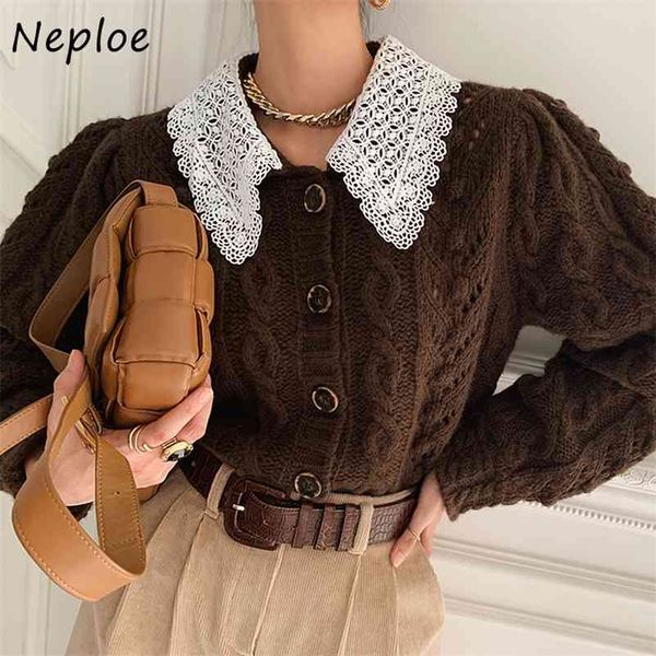 

elegant lace patchwork heavy work cardigans women turn down collar single breast design long sleeve pull femme winter 210422, White;black