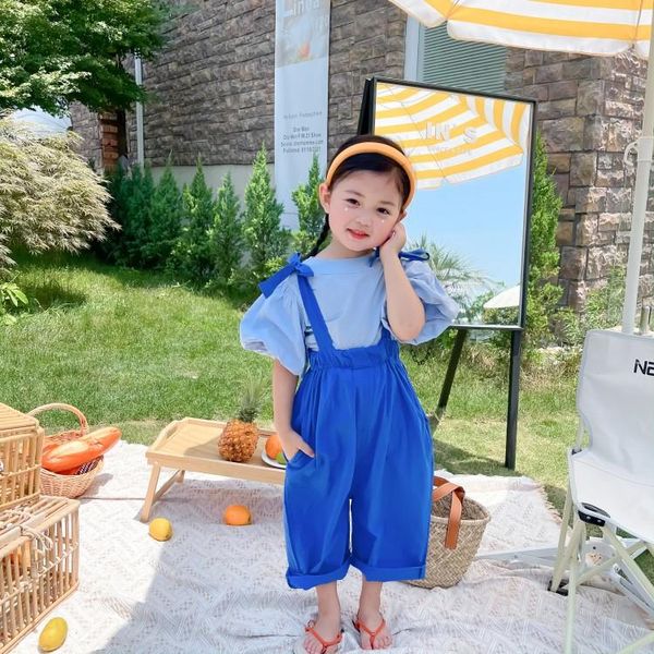 

clothing sets little girl fresh blue suit darling summer 1-year-old product 2 bubble sleeve 3 shirt 4 bow suspenders fashion, White