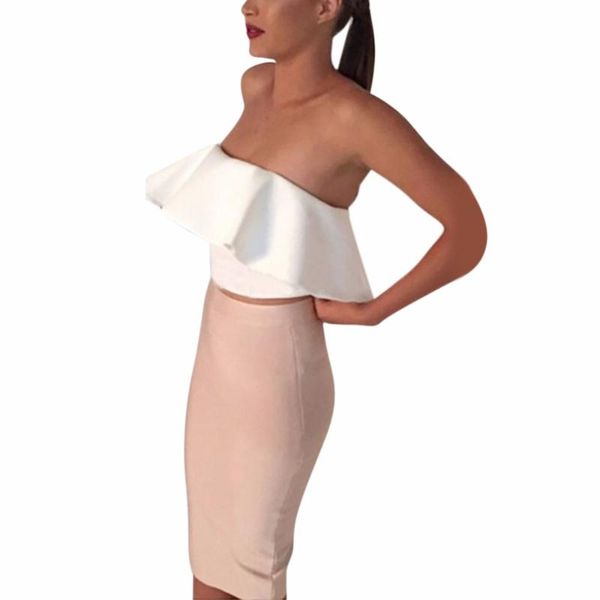 

elegant bandage bodycon party dresses women ladies strapless ruffle crop + pencil skirt 2pcs set women's two piece pants, White