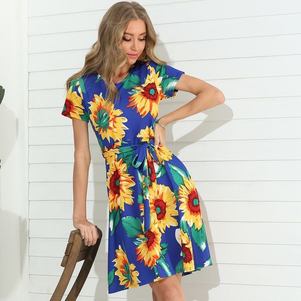 

skirt suower print round ne pullover short sleeve for women in summer 2021, Black