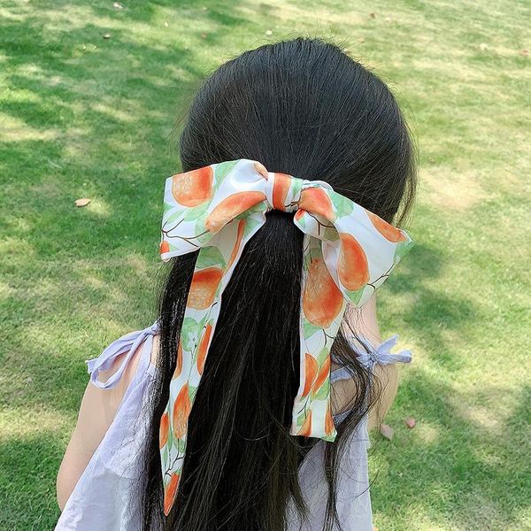 

summer fruit floral print silk scarf hair ties for girls smooth satin headband bow ribbon ponytail kids bands accessories, Slivery;white