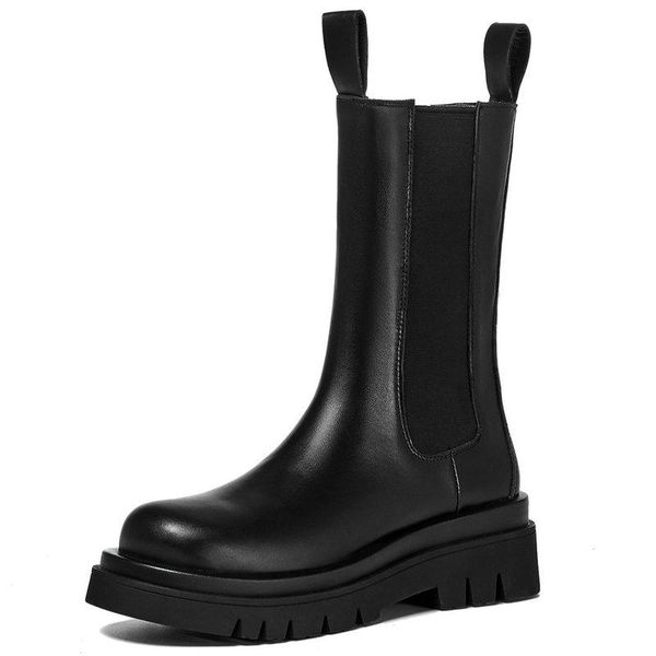 

boots 2021 genuine leather ankle women fashion elastic band thick velvet high heels pumps night club platform shoes woman, Black