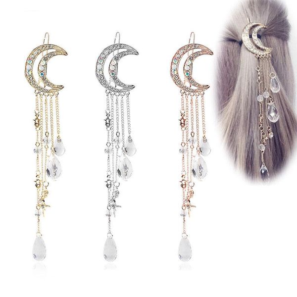 

hair clips & barrettes ly women moon clip tassel hairpins lady sweet long accessories, Golden;silver