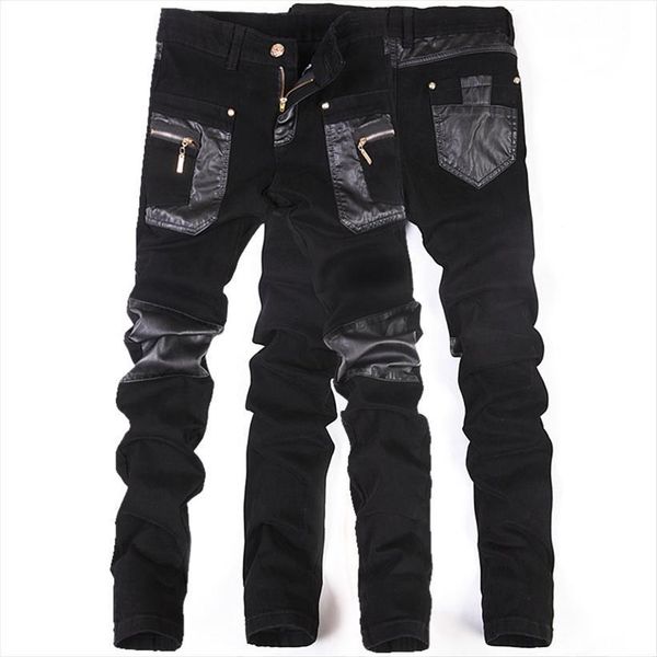 

fashion leather patchwork casual women pants skinny motorcycle jeans slim trousers size 28 36, Black