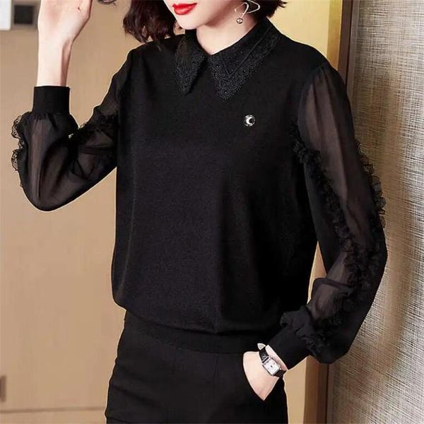 

women's blouses & shirts loose mesh pullover elegant office lady lapel flower pleats long-sleeve work femme blusas casual chiffon, White