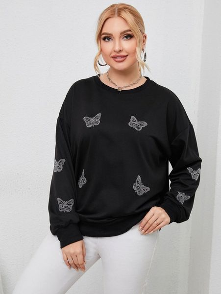 

plus rhinestone butterfly pattern drop shoulder pullover s4pz#, Black