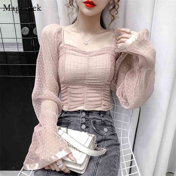 

autumn vintage puff sleeve square collar pleated chiffon blouse women casual short white shirt 12071 210512
