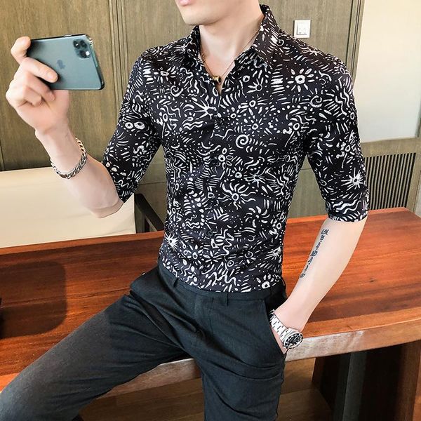 

men's casual shirts 2021autumn luxury social business shirt men slim fit half sleeve fashion all match print blouse clothing, White;black