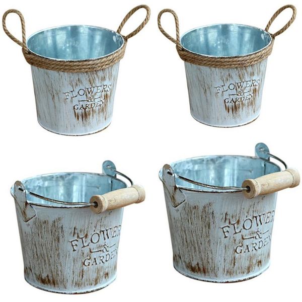 

planters & pots 2 pcs/lot retro iron flower bucket pot with jute rope handle small plant planter holder vintage balcony tub
