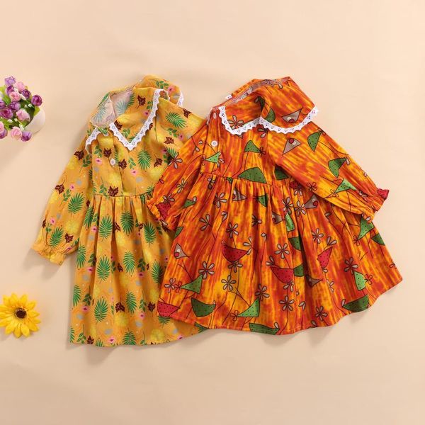 

girl's dresses toddler girl sweet dress long sleeve button front doll collar floral print a-line fashion clothes for spring fall, Red;yellow