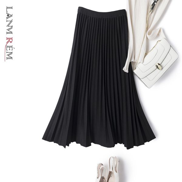 

pleated skirts elastic high waist black gray vintage all-match female elegant casual midi skirt spring 2a6044 210507