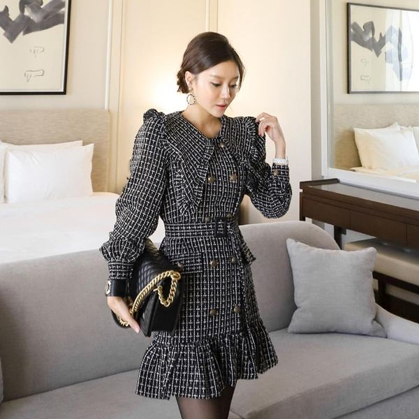 

casual dresses autumn winter retro pattern lace up ruffle tweed dress women's black elegant vestidos, Black;gray