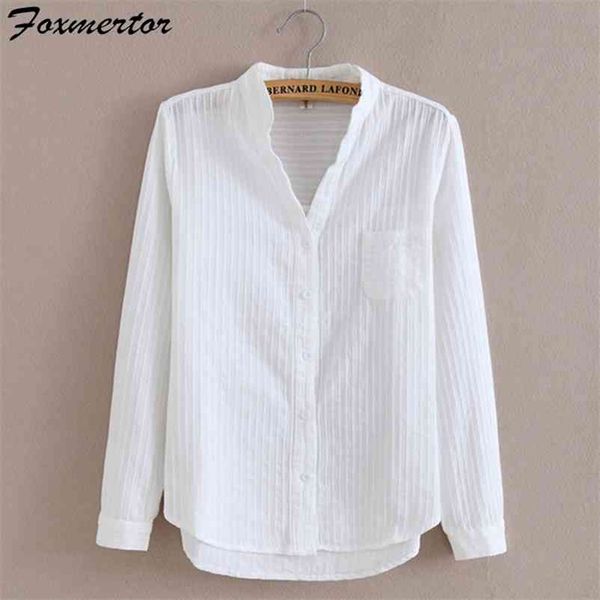 

foxmertor 100% cotton shirt white blouse spring autumn blouses shirts women long sleeve casual solid pocket blusas #66 210401