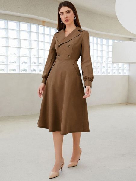 

lapel collar double breasted shirt dress k4ds#, Black;gray