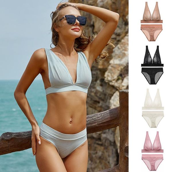 

bras sets finetoo women deep v bra briefs set transparent underwear soft bralette mesh mid-waist panty female lingerie s-2xl, Red;black