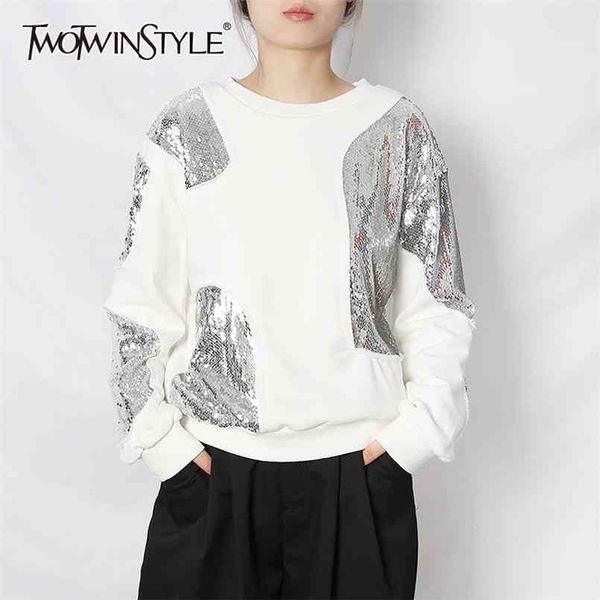 

loose patchwork sequin sweatshirt for women o neck long sleeve casual sweatshirts female fashion spring 210524, Black