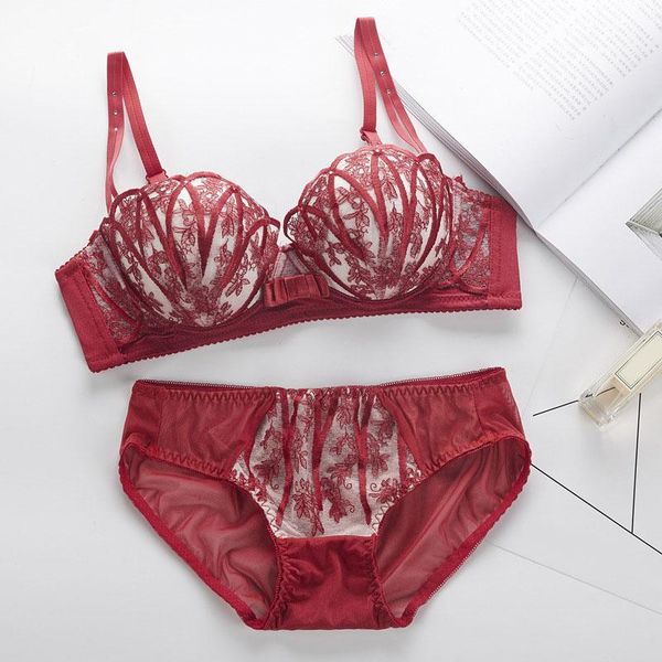 

bras sets padded push up women and panty set lace embroidery underwear shell shape cup lingerie thin seamles bralette, Red;black