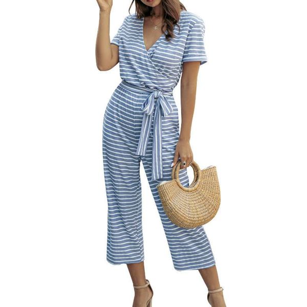 

women's jumpsuits & rompers fashion female summer romper jumpsuit short sleeve stripe v neck bandage belt womens, Black;white