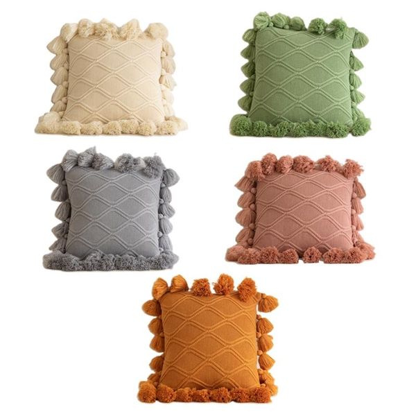 

pillow case 11xa nordic moroccan style knitted throw with pompoms tassel boho striped cable knit solid color decorative cushion