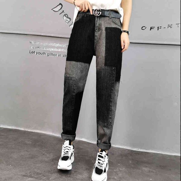 

2021 spring heavy industry contrast jeans patched fabric stretcher high waist baggy student dad pants, Blue
