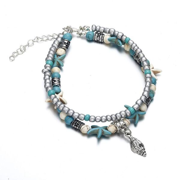 

anklets style double-decked chain retro starfish beaded tortoise shell star elephant pendant foot decoration, Red;blue