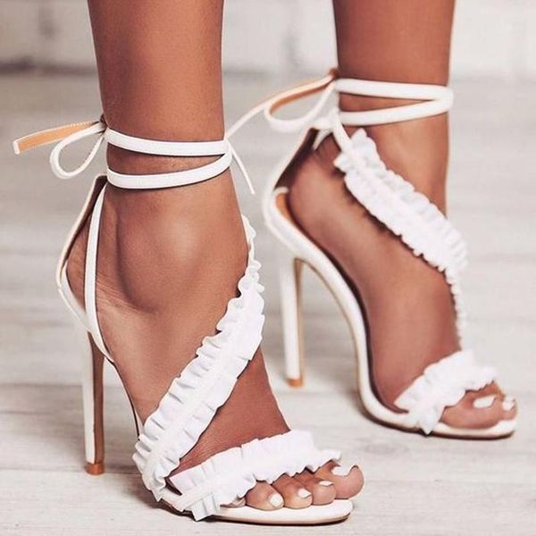 

sandals teahoo summer white women ruffles lace up gladiator super high heels pumps open toe platform1, Black