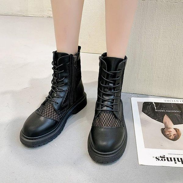 

boots women's leather platform fall light and comfortable chunk fashion lace-up shoes, Black