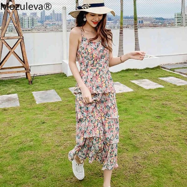 

sleeveless floral print long chiffon dress female bohe suspender summer dresses beach bandage vestidos plus size 210427, Black;gray