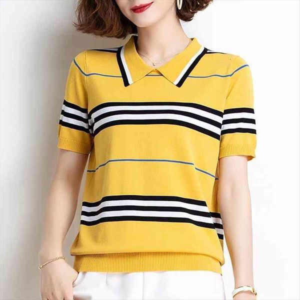

summer thin ice silk women sweater fashion lapel stripe color matching doll collar loose large size short sleeved t shirt, White;black