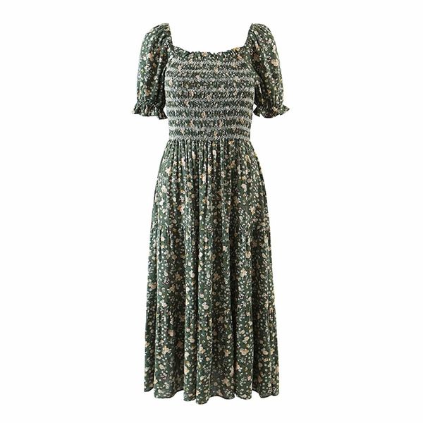 

vintage floral print boho dress women square neck short sleeve midi summer female cotton casual holiday robe 210514, Black;gray