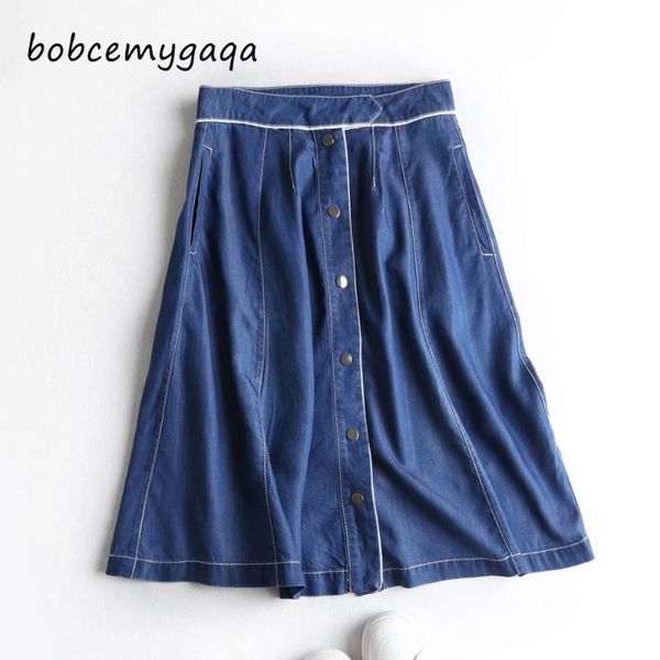 

skirts casual denim skirt women a line blue spring summer high waist button up work office lady jeans pleated cotton, Black