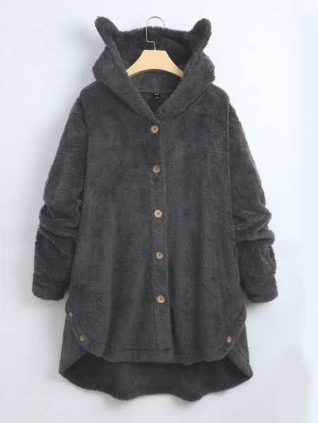 

plus 3d ear design hooded high low hem flannel coat j4ff#, Black