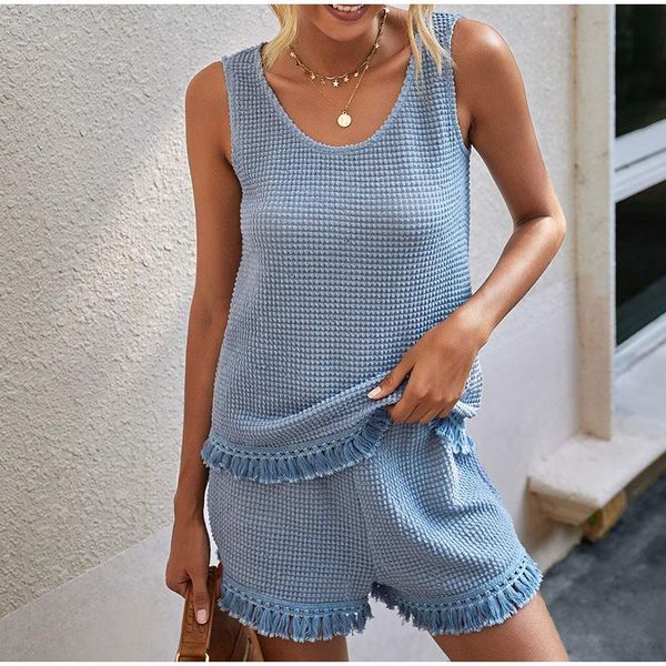 

women's tracksuits summer 2 pieces sets women chic solid tassel sleeveless shorts casual suit 2021 home wear ensemble femme, Gray