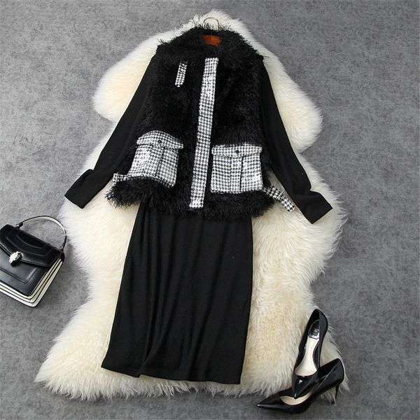 

dress fall winter women's fashionable sequins houndstooth vest and nightgown piece party suit, Black;gray
